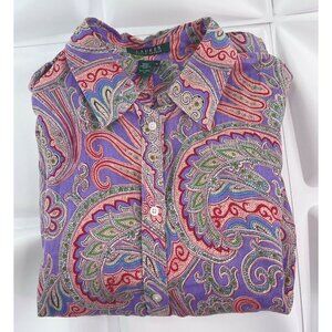 Lauren Ralph Lauren Womens Sz 1X Purple 100% Linen Paisley Print Button Up Shirt